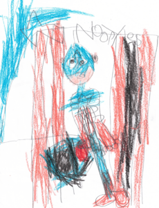 child's drawing of Captain America holding shield on a flag background with the words "No or Yes"