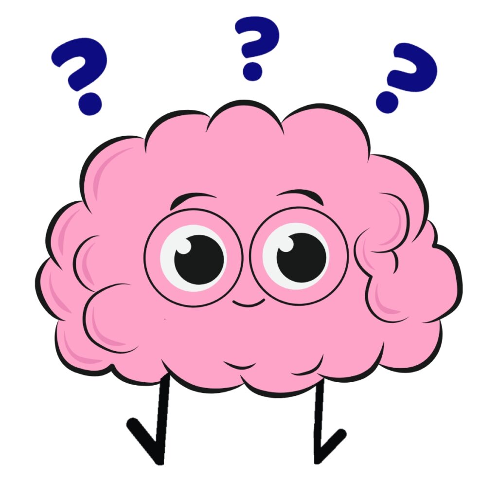 Pink brain clipart with eyes and limbs. His hands are raised up and there are three purple question marks above his head