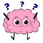 Pink brain clipart with eyes and limbs. His hands are raised up and there are three purple question marks above his head