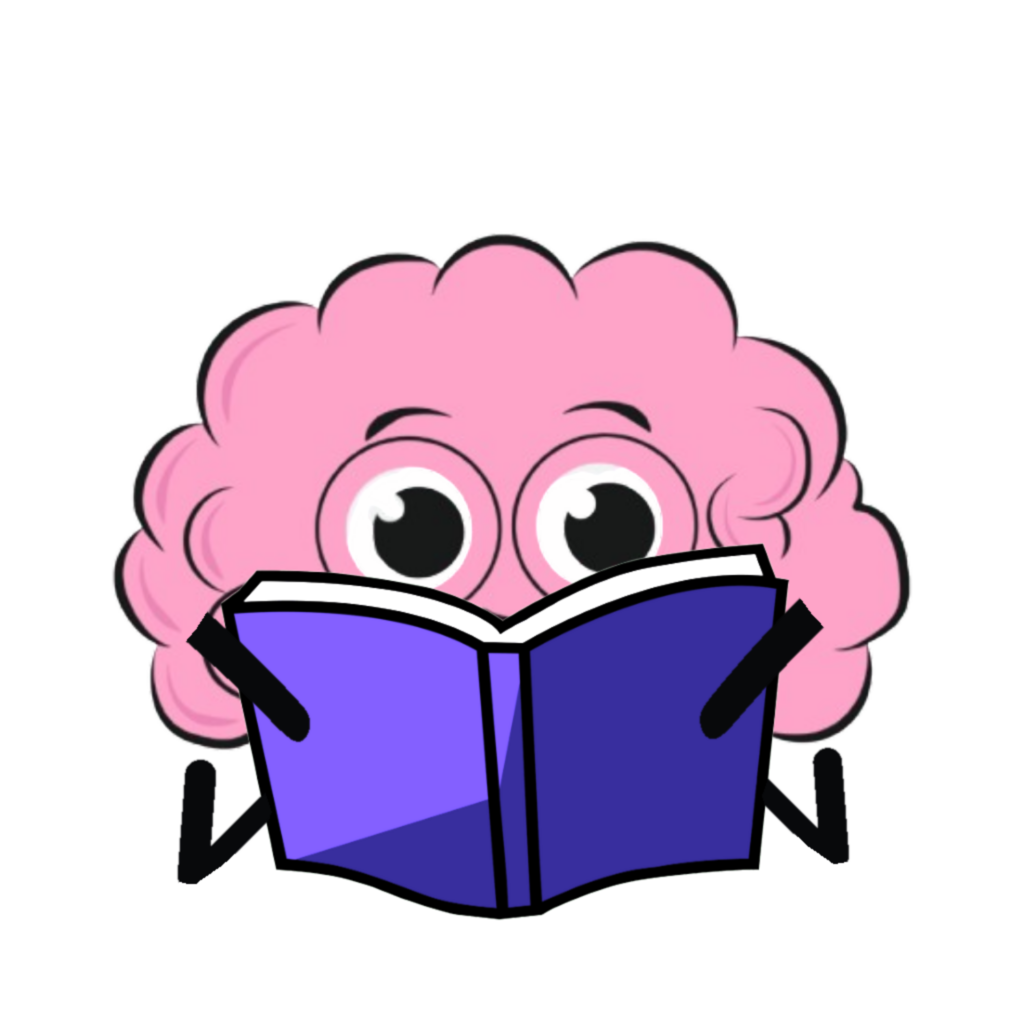 pink brain clipart with eyes and limbs reading a purple book