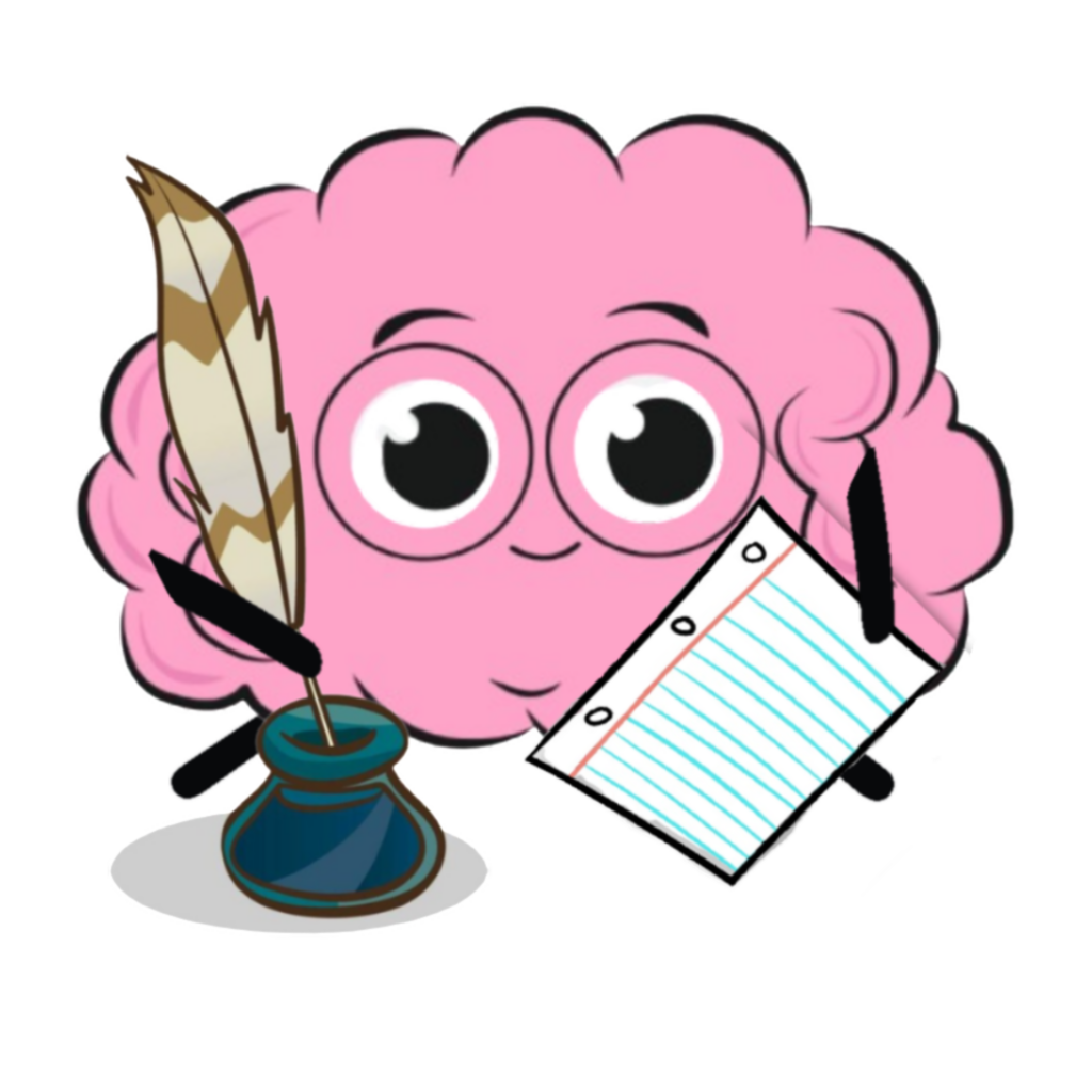 Brain clipart with eyes holding a quill from an ink pot and a piece of paper