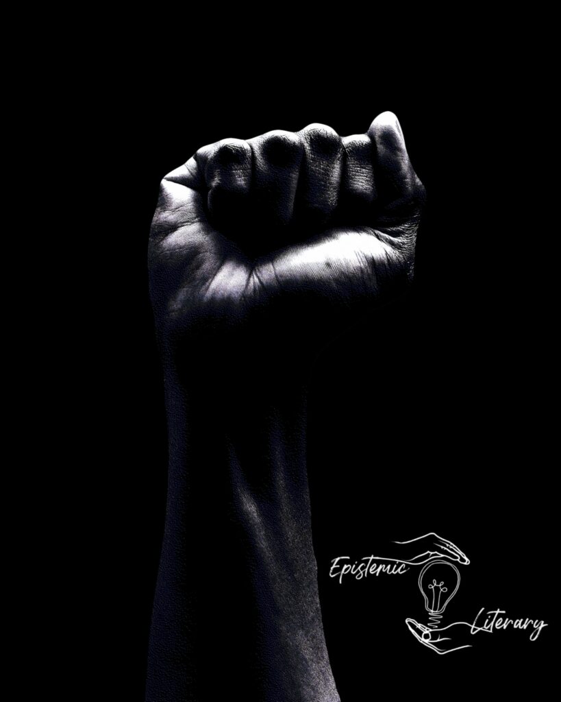 closed raised fist on black background. Epistemic Literary logo in lower right corner