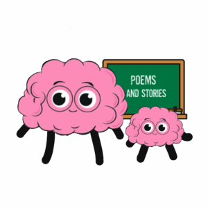 Two pink brain cliparts with eyes and limb standing in front of a chalkboard, one brain is bigger than the other