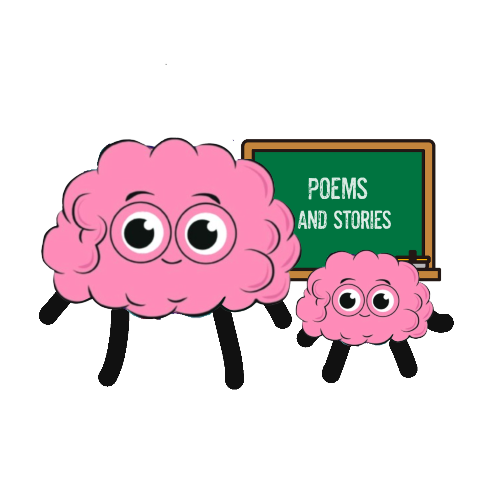 Two pink brain cliparts with eyes and limb standing in front of a chalkboard, one brain is bigger than the other