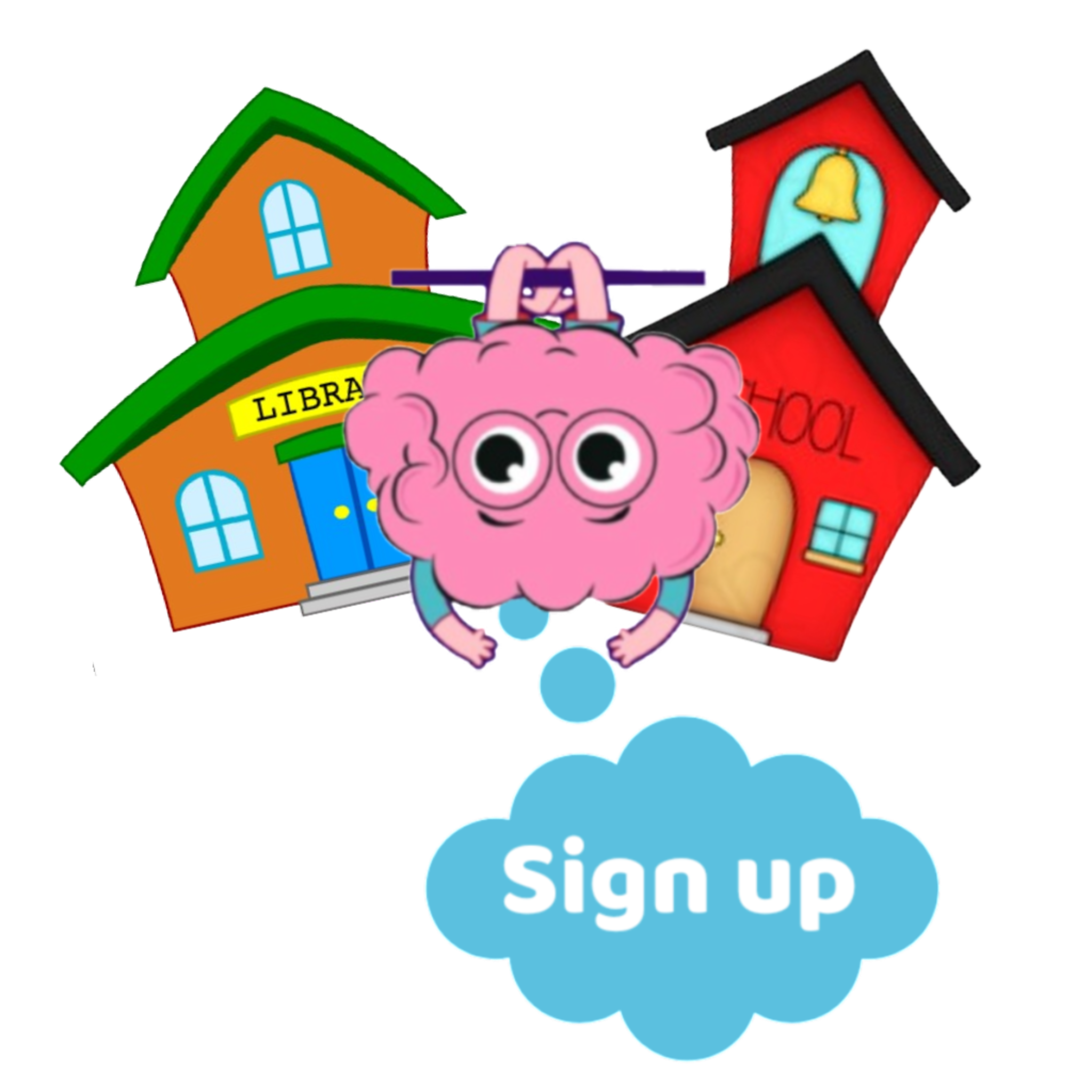 pink brain clipart hanging upside down from a purple bar between a school and library clipart with a thought bubble below "sign up"