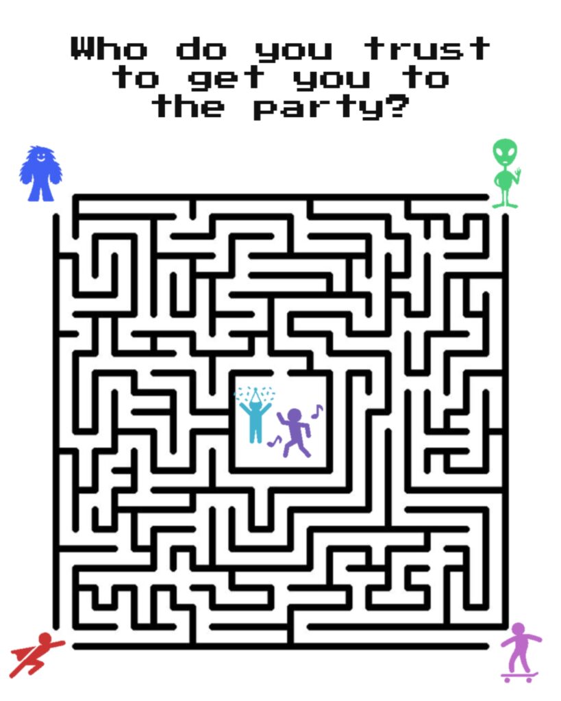 "Who do you trust to get you to the party?" Maze with 4 entrances, one has a blue monster, one the green alien, one a red superman, one a purple skateboarder