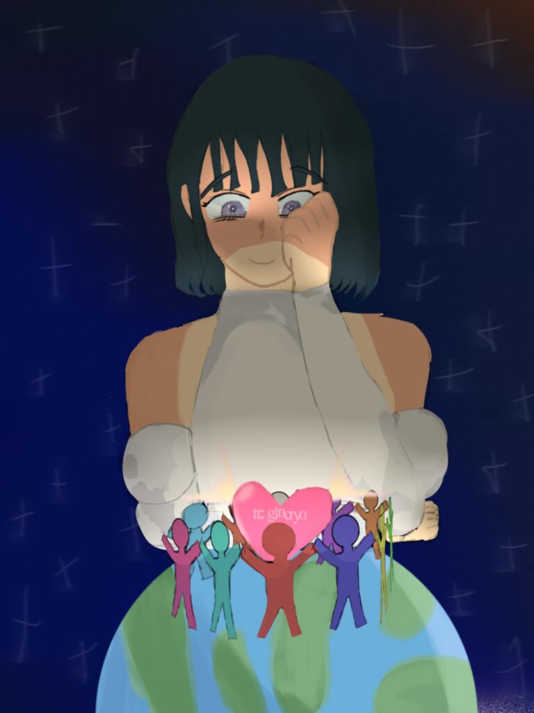 An illustration showing a person with dark hair and a white dress, gently wiping away a tear from one eye with their hand. The lower half of the image shows them standing on a large, blue and green Earth. Around the equator of the Earth, a row of colorful human figures in pink, light blue, teal, purple, and green are holding hands, with a big, glowing pink heart at the center above their linked hands. The background is dark blue, with scattered, faint white stars. The overall mood is one of emotional tenderness, global unity, and hope.