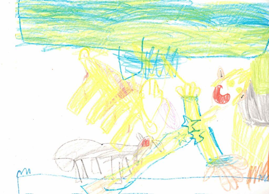 child's drawing; blonde boy lying on a blue couch with a brown labrador and a yellow pug  uner a blue ceiling. the couch has a stack of pillows. the boy is smiling and has blue stars on his yellow shirt.