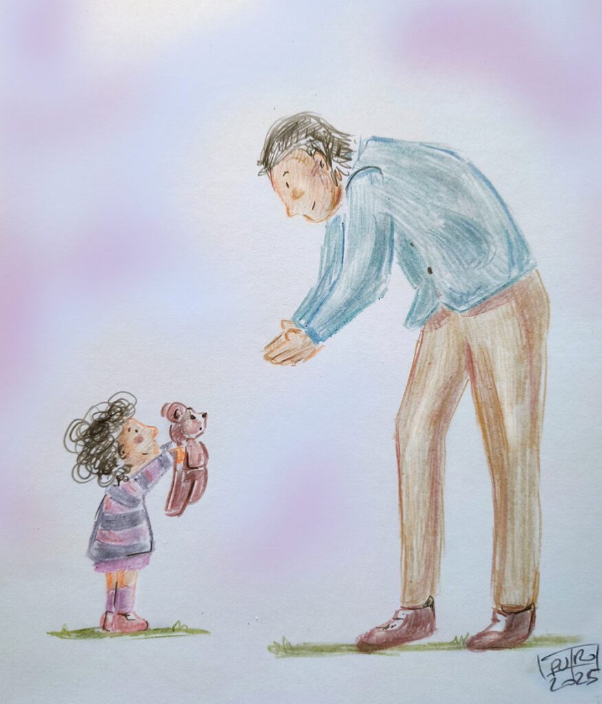 A little girl giving her cherished teddy bear to her father