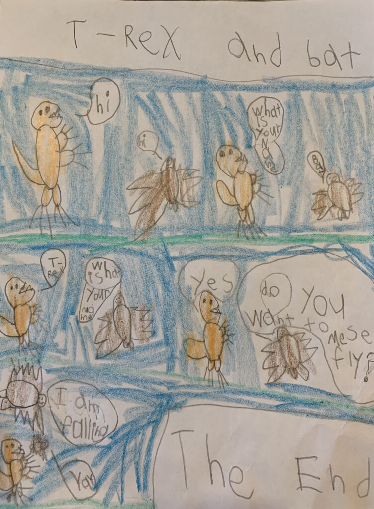 Six panel comic titled "T-Rex and Bat." Comic panel one shows an orange t-rex and a brown bat saying hi to each other.

Comic panel two shows the t-rex and bat having a conversation. The t-rex says, "What is your name" and the bat says, "Bat."

In comic panel three the bat asks, "What is your name" and the t-rex says, "T-rex."

In comic panel four the bat asks, "Do you want to see me fly?" and the t-rex says, "yes."

Comic panel five shows the bat falling out of the sky saying, "I am falling." The t-rex catches the bat and the bat says, "Yay!" because its new friend caught it. 

Comic panel six says, "The End."