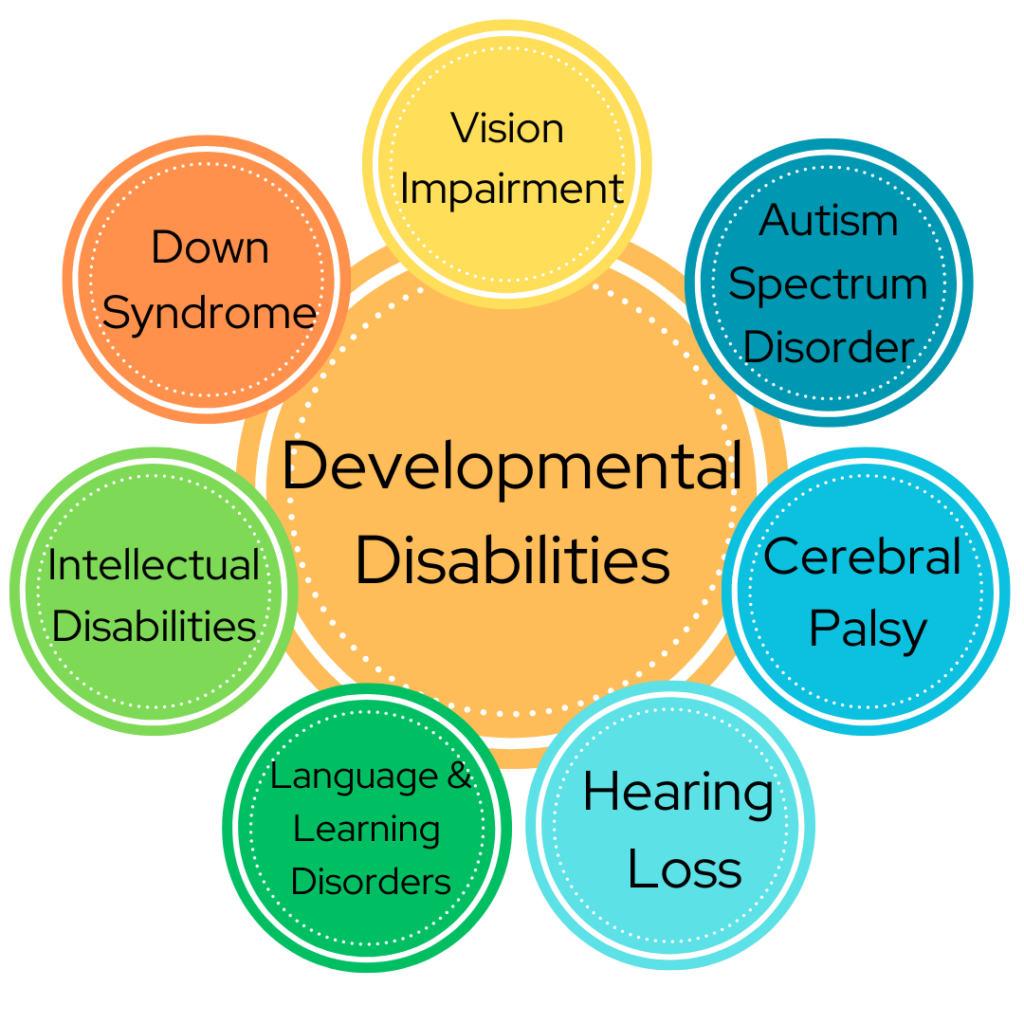 an orange circle in the center reads: developmental disabilities. It has 7 circles in shades of blue, green, yellow, and orange that fit 7 types of developmental disability: Vision impairment, autism spectrum disorder, cerebral palsy, hearing loss, language and learning disabilities, intellectual disabilities, and down syndrome