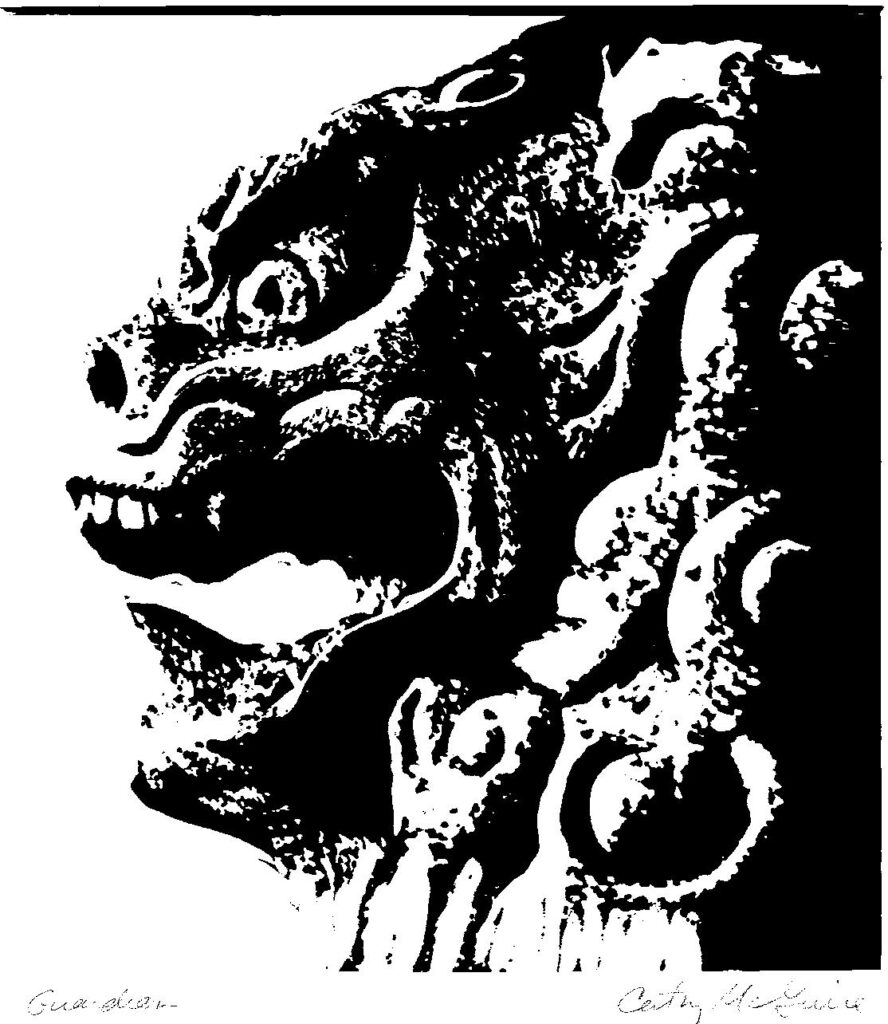 Chinese lion dog face linoleum print