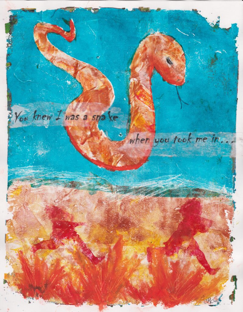 Orange snake hovering in sky over running figures