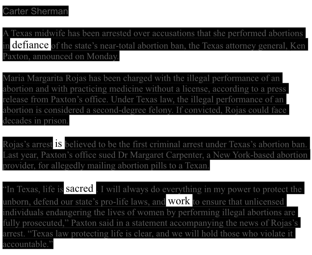 Image of the article from the guardian with everything blacked out except the words: "defiance" "is" "sacred" "work"