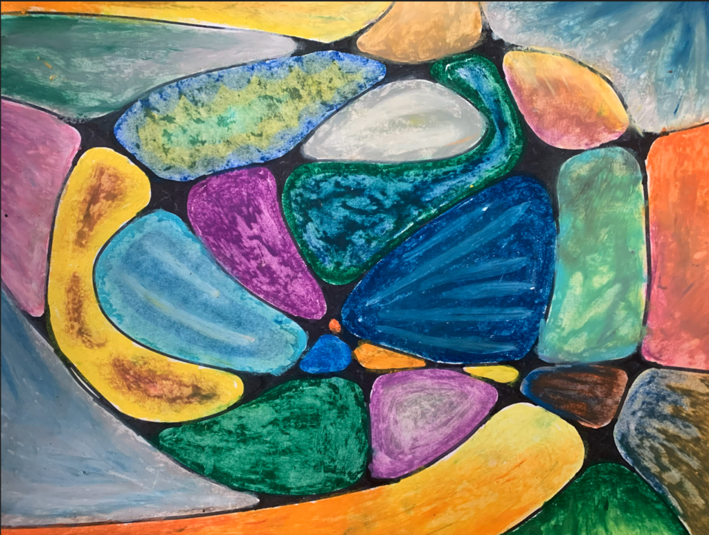 Awedacity
Oil pastel on paper with marker, neurographic art with cells covering the whole canvas in a broad range of colors. Some of the cells are monochromatic, while others blend and bend colors. Each cell maintains its own unique appearance of texture, some with more organic shading, with others containing gentle structure. Many of the cells appear to gather into one larger, circular cell. There is a meteor-like movement to the piece, with a horseshoe border around the larger cell, with its two fiery legs extending off the left side of the page. This work is called, "Awedacity," and was created in tandem with a speech the artist delivered as the patient advocate speaker at a migraine fundraiser event. The speech was fiery and meteoric and called out the failures in society and the medical system in supporting the chronically ill, as well as naming the impact of racial bias in the medical system. The organizers attempted to delete large and critical parts of the speech in their pre-review, yet the artist had the audacity to show up and deliver the speech as originally written, with this art piece printed on her shirt to symbolize the need for connection and community, the diverse beauty of those suffering from migraine, and the juxtaposition of the meteoric impact of the disease on the patient and the meteoric impact of the patient speaking their righteous rage. This piece helps us question what can be contained and what awe-inspiringly refuses to be.
