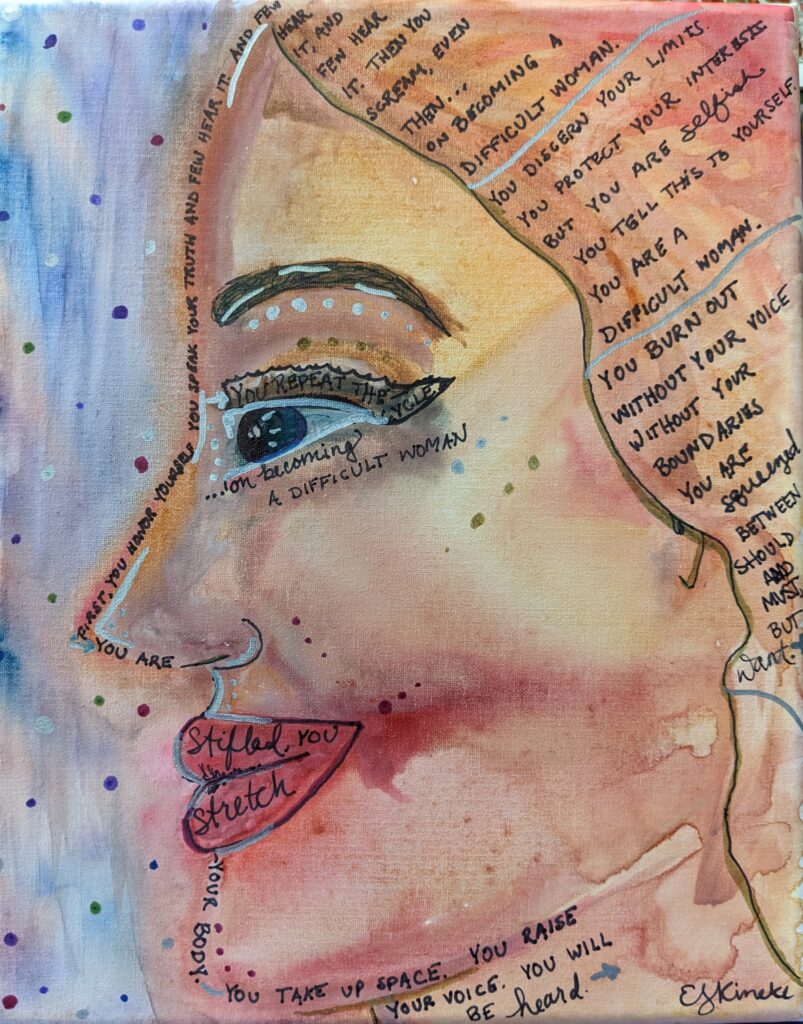 On Becoming:
A watercolor portrait of a woman’s face in profile with the words of a poem handwritten in ink throughout.

The poem reads:

First, you honor yourself
You speak your truth and few hear it
And few hear it, and few hear it
Then you scream, even then…
On becoming a difficult woman

You discern your limits
You protect your interests
But you are selfish
You tell this to yourself
You are a difficult woman

You burn out
Without your voice
Without your boundaries
You are squeezed
Between should and must, but want

You are stifled 
You stretch your body
You take up space 
You raise your voice
You will be heard 

You repeat the cycle…
On becoming a difficult woman