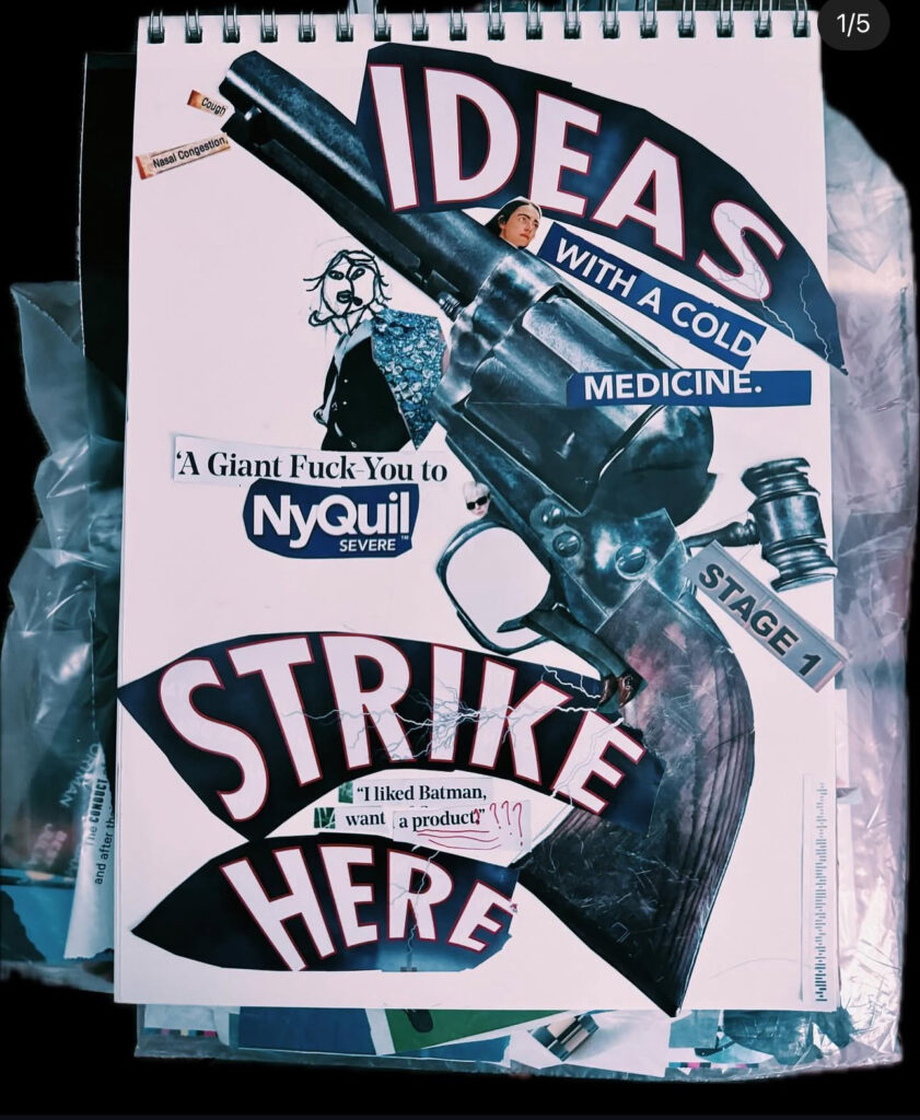 A mixed-media collage using images of a revolver and fragmented text to deliver a critique of the pharmaceutical industry and the commercialization of health products.
