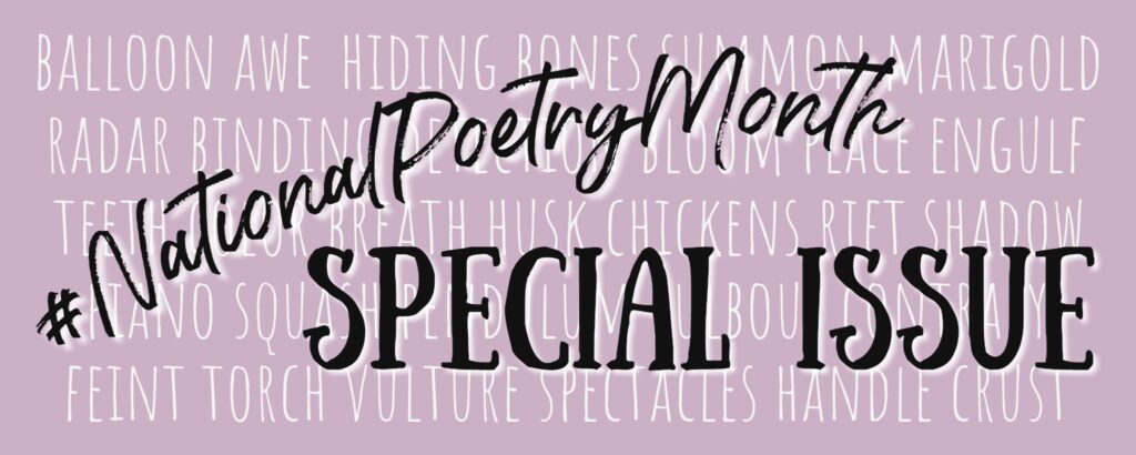 dusty rose pink banner with pale white writing on the background Heading "#NationalPoetryMonth Special Issue"