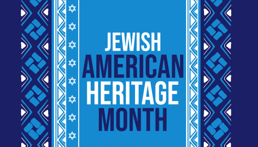 Decorative blues in geometric pattern including Star of David "Jewish American Heritage Month"
