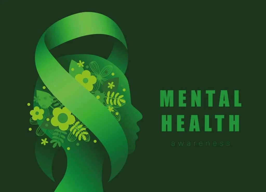GREEN BACKGROUND, PROFILE OF A GREEN HEAD WITH A GREEN RIBBON WRAPPING AROUND AND FLOWERS, "MENTAL HEALTH AWARENESS"