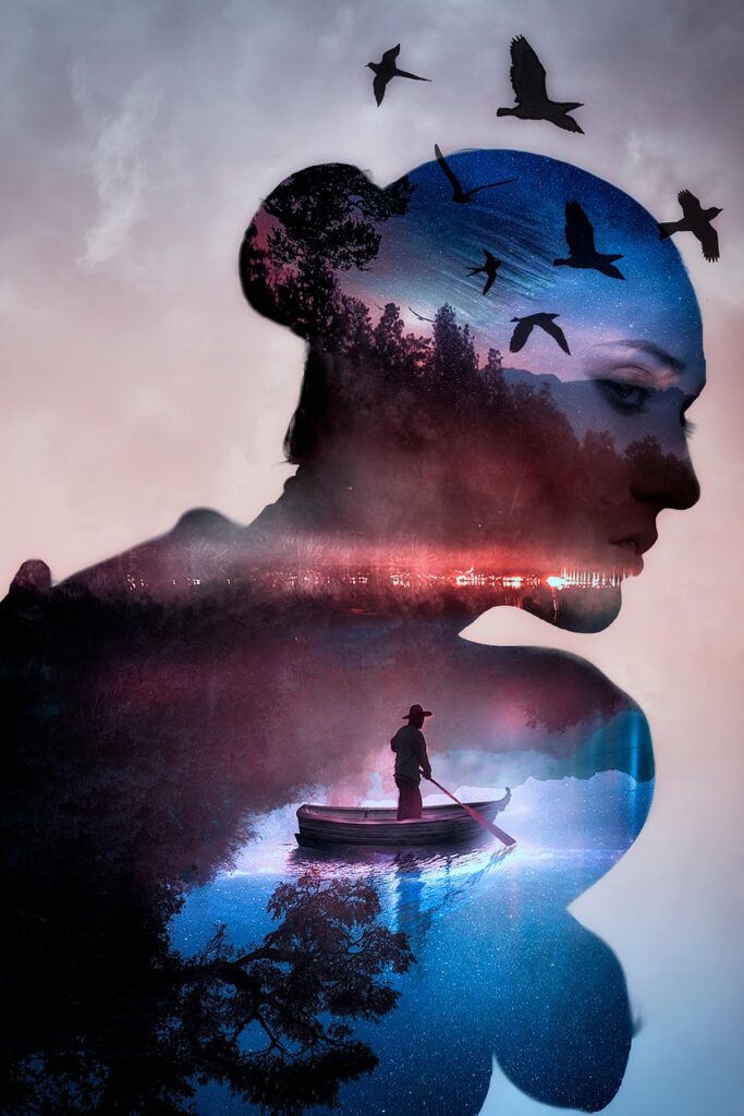 woman, model, lake, boat, birds, trees, youth, girl, beauty, gothic, female, mysterious, surreal, ethereal, dream, atmosphere, nature, mystery, magic, night, portrait, fantasy