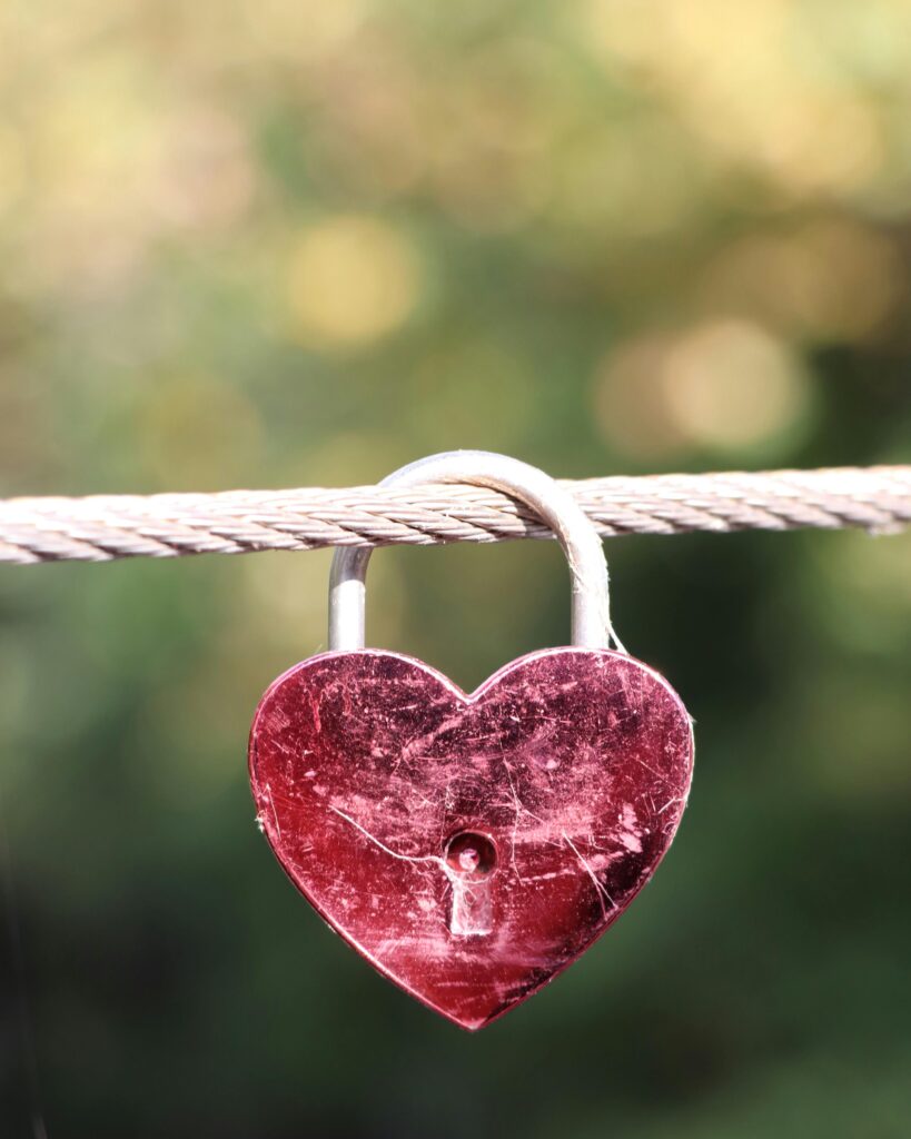Close-up of a red heart-shaped padlock on a cable with a sunny background.