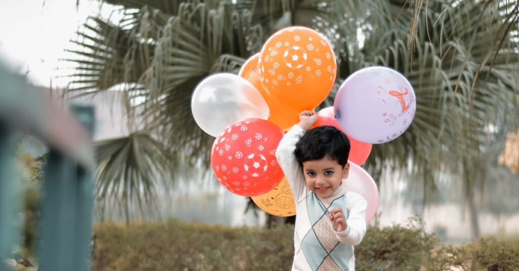 A cheerful child runs in a park holding colorful balloons. Capturing joy.