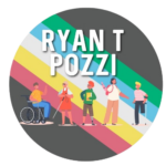 BLACK CIRCLE WITH BLUE,RED, GREEN, YELLOW, AND RED STRIPES AND DISABLED PEOPLE "RYAN T POZZI"