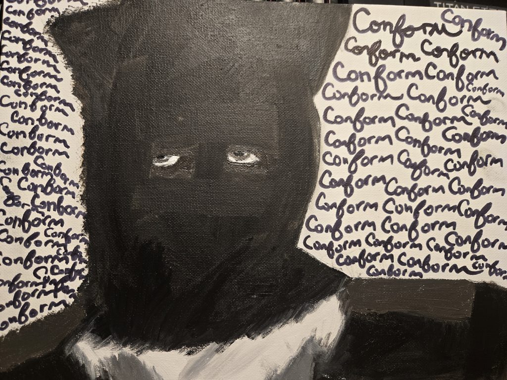 Black and white digital drawing of a human's shrouded face. The shroud is black and only the eyes are visible. The background is filled by the word "conform" repeatedly written in cursive text.
