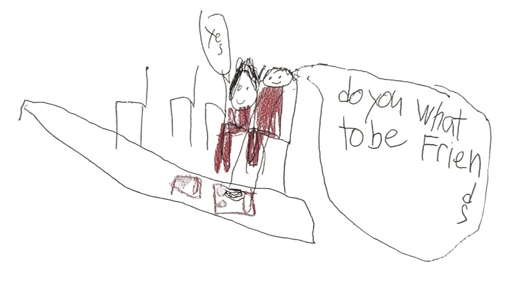 Drawing of two boys, wearing red, who sit on chairs in the back of a classroom. One boy asks the other, "Do you what to be friends" and the other replies, "yes"