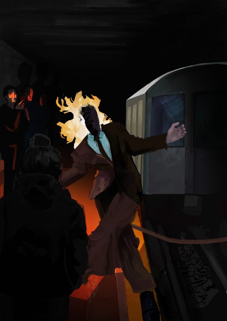 A digital painting of a man with his hair and suit on fire, dangerously near the edge of a subway platform. He is mid erratic movement, with stunned onlookers standing back as a train approaches. 