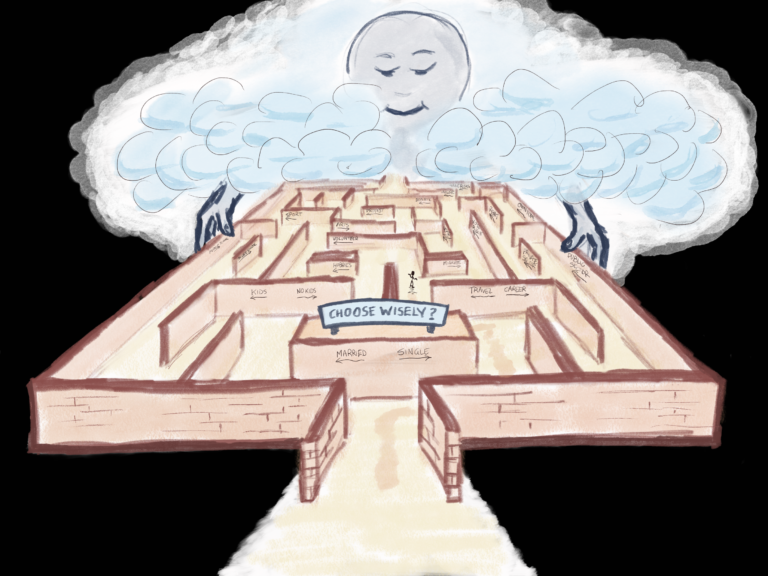 Tiny person in a huge maze of life decisions, with a single entry and exit. The maze is held by an omnipotent being in the clouds. Represents the tension between a person's free-will at the micro level