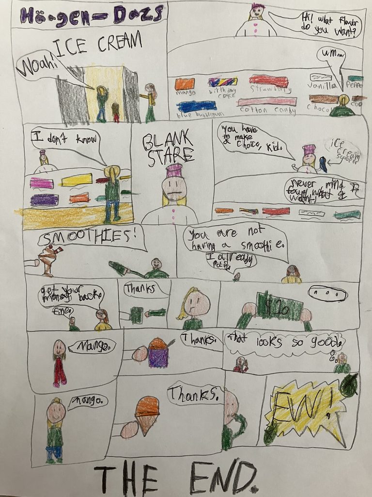A comic with six rows of boxes. 
Top row, box 1: Text says "Haagen-Dasz Ice Cream" and a speech bubble says, "Woah!" People are walking into a Haagen-Dazs store. 
Top row , box 2: A person behind a counter asks, "Hi! What flavor do you want?" A girl with a blonde ponytail looks at the many options and says, "Umm"

Row 2, box 1: Same girl continues, "I don't know."
Row 2, box 2: Close up of the person behind the counter with a straight face. Text says, "Blank stare" in all caps.
Row 2, box 3: Person behind the counter says, "You have to make a choice, Kid." Person is holding an Ice cream scooper, and a speech bubble from the unseen girl says, "Never mind, I found what I want!"

Row 3, box 1: Text in all capital letters says, "SMOOTHIES!" The image shows a hand with a smoothie and the girl with cash in her hand.
Row 3, box 2: The girl's mom says, "You are not having a smoothie." The girl says, "I already paid."

Row 4, box 1: The mom says, "Get your money back." The girl says, "Fine."
Row 4, box 2: Two hands exchange cash. A speech bubble indicates the girl says, "Thanks."
Row 4, box 3: Image of the girl, frowning.
Row 4, box 4: Image of the girl's hands holding a ten-dollar bill. Text is an ellipsis.

Row 5, box 1: A different child is pictured saying, "mango."
Row 5, box 2: A hand holding mango ice cream in a cup. The unseen child says, "Thanks."
Row 5, box 3: The girl with the blond ponytail looks at the child eating mango ice cream and a thought bubble says, "That looks so good."

Row 6, box 1: The girl with the ponytail says, "Mango."
Row 6, box 2: A hand holds an ice cream cone with mango ice cream. The unpictured girl says, "Thanks."
Row 6, box 3: The girl with the ponytail eats her ice cream.
Row 6, box 4: Big speech bubble says, "EW!"

The End. 