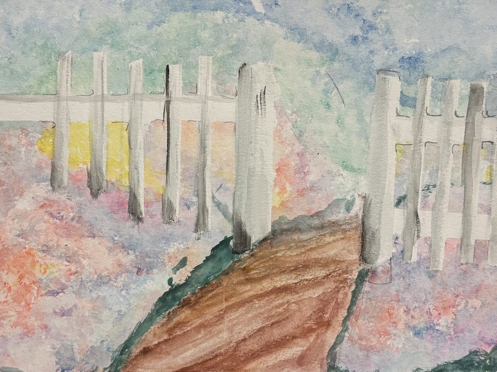 Pastel watercolor painting of a white gate with an open pathway through the center