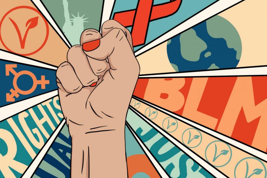 closed fist in front of a background with causes shown in triangular sections