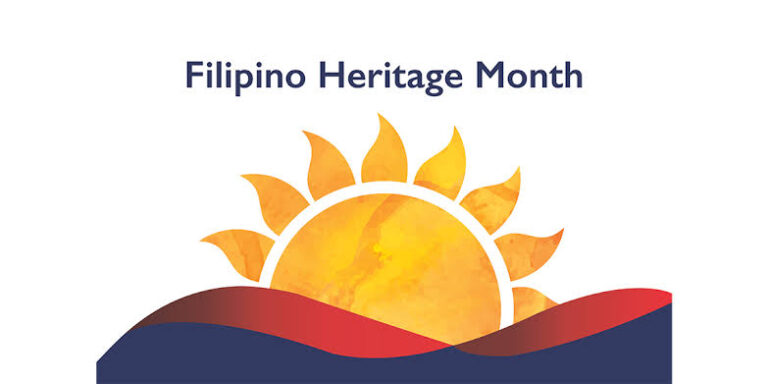 "Filipino Heritage Month" white background wiwth a blue and red graphic hill deptiction and a golden sun peeking over the mountains