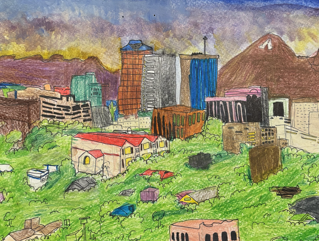 Colorful drawing of a variety of buildings with a mountain in the background on the right. There are tall buildings in the distance, and in the foreground is dense foliage. The tops of smaller buildings such as houses can be seen peeking up from among the trees.