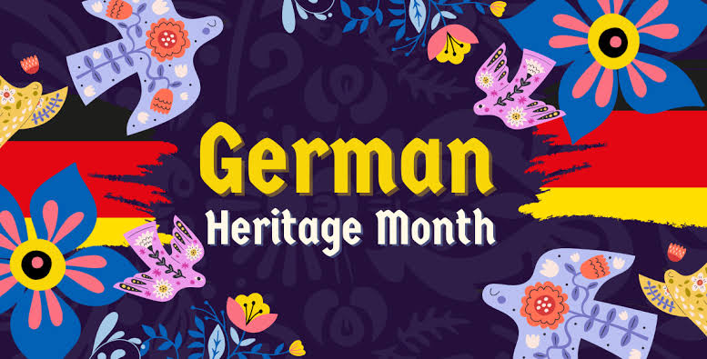 "German Heritage Month" dark background with flowers around the edges